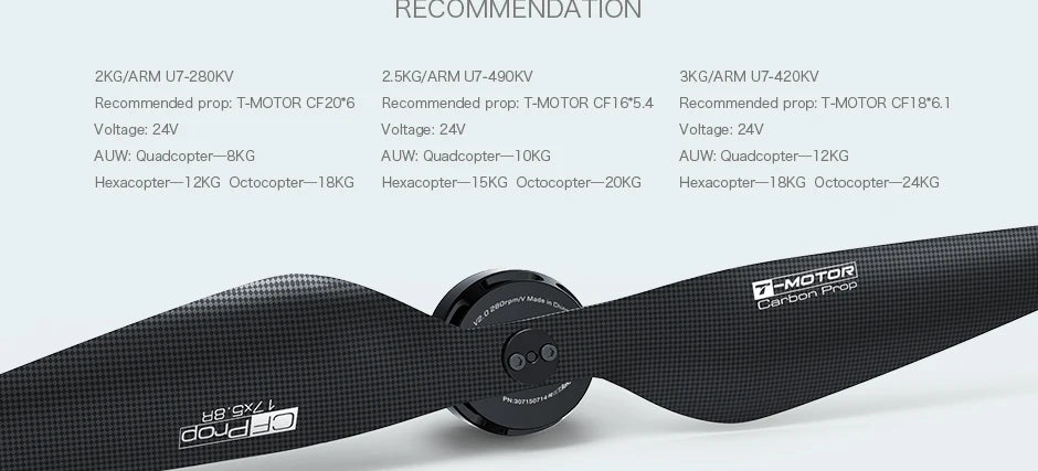 T-MOTOR U7 KV280 KV460 KV490 U-POWER Motor For UAV Multirotor Drones Rotors Hexacopter 14 T-MOTOR, RECOMMENDATION 2KG/ARM U7-280KV 2 SKGY