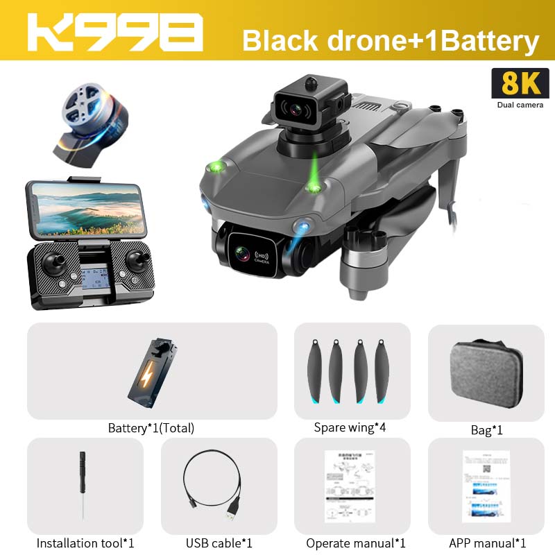K998 Drone, KSSE Black drone+1Battery 8K Dual camera Go