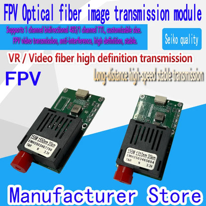 The FPV Optical Fiber Image Transmission Module is designed for drone applications. It features a single-mode optical fiber with an FC/UPC connector, capable of transmitting images over distances of up to 40 kilometers. The module supports CVBS and HDMI video formats and offers SBUS and CRSF control protocols. It operates within a voltage range of 5-26V, making it suitable for use in various drone systems.