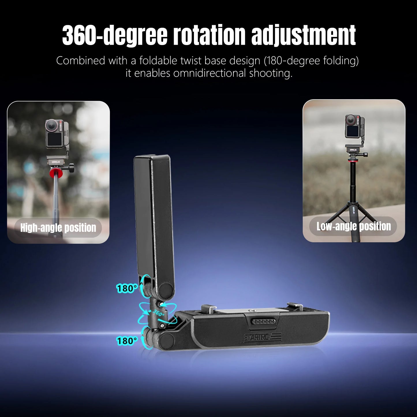 360° rotation, foldable base, adjustable angles, quick release, and magnetic mount for action cameras.