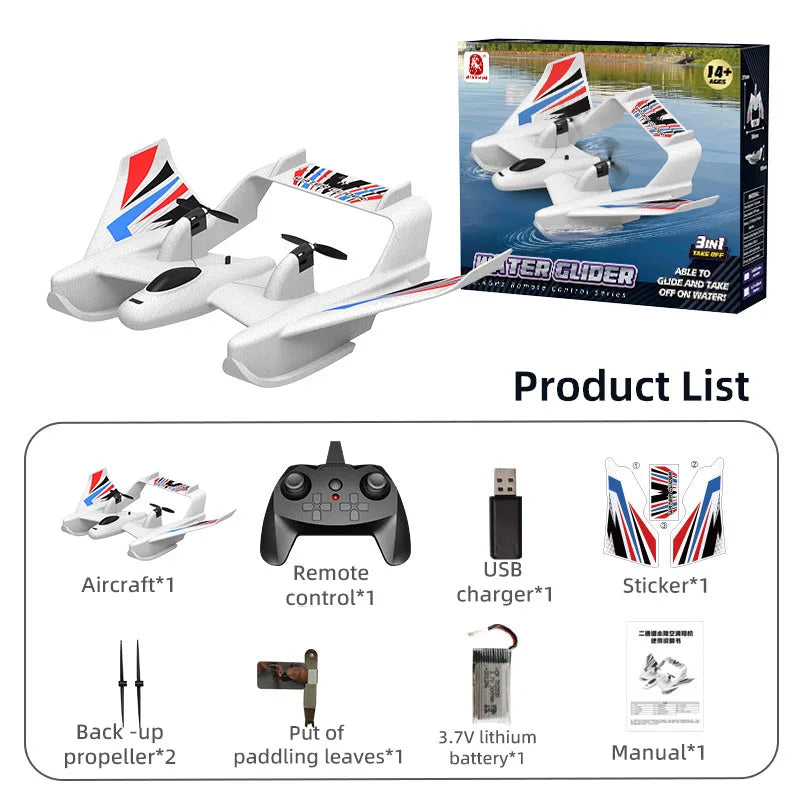 A 3-in-1 amphibious RC plane that can fly on land and water, suitable for beginners and pros.