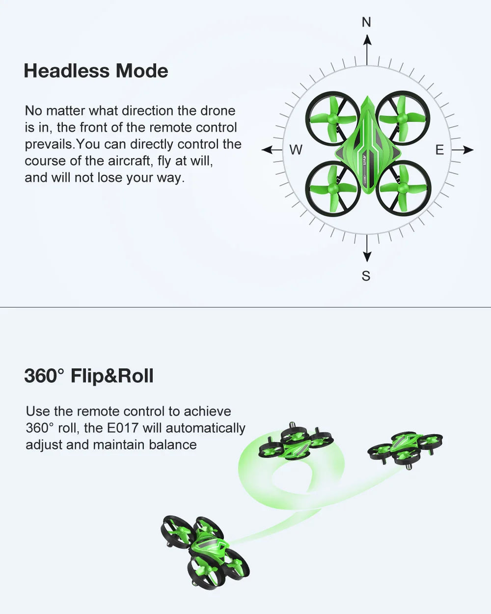 Eachine E017 Mini Drone, the 3609 flip&roll uses the remote control to achieve 3605