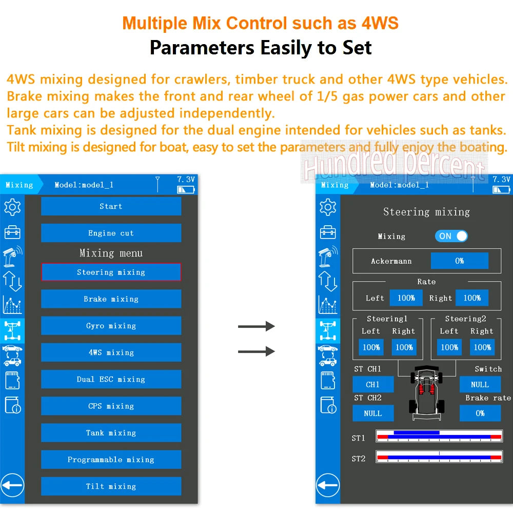Radiolink RC8X 2.4G 8 Channels Radio Transmitter, Multiple Mix Control such as 4WS Parameters Easily to Set 4WS mixing designed for