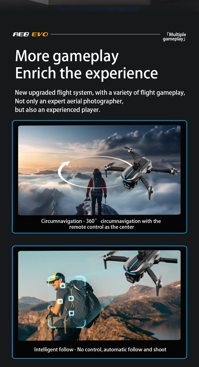 AE8 EVO Drone - Dual Camera 4K Professional Positioning Aerial Photography Laser Obstacle Avoidance Gesture Photography GPS Drone 23 AE8 EVO Drone, new upgraded flight system, with a variety of flight gameplay, Not only an expert aerial photographer