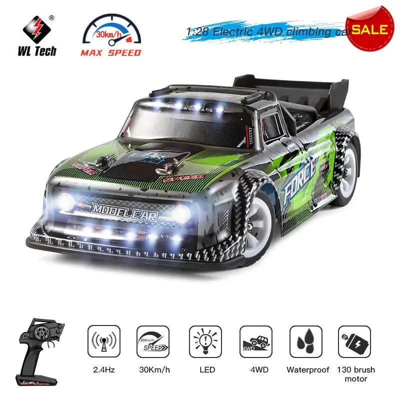 WLtoys 284131 1:28 Scale 4WD RC Racing Car, High-performance 1:28 electric 4WD RC car with 30km/h speed, 2.4GHz control, LED lights, waterproof design, 130 brush motor, and durable metal chassis.