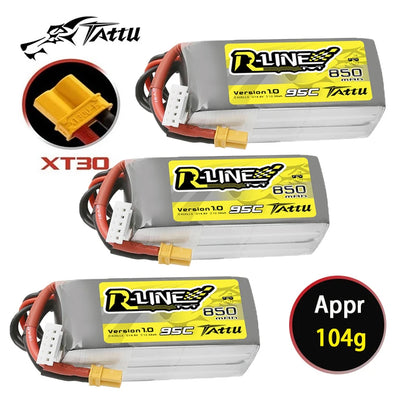 TATTU R-Line 1.0 14.8V 4S 850mAh 95C Lipo Battery, Lithium-ion battery for FPV racing drones with high discharge rate and large capacity.