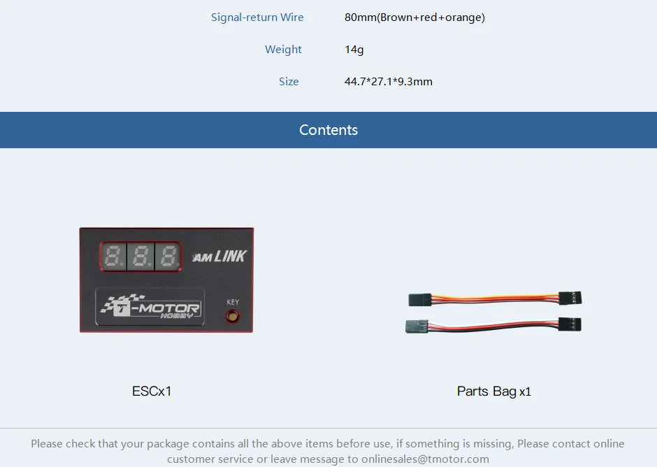 T-MOTOR AM LINK ESC, Please check that your package contains all the above items before use . if something is missing