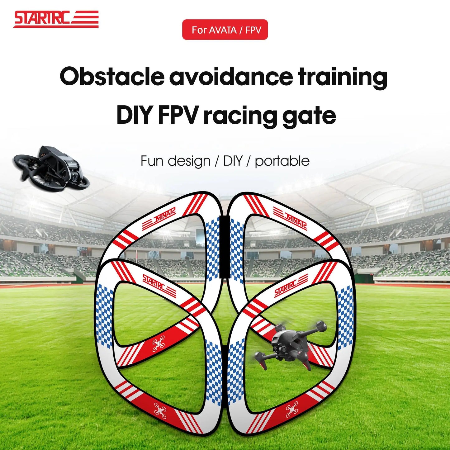A portable FPV race gate for DJI Avata, featuring an 850mm foldable design and DIY detachable obstacle gates.
