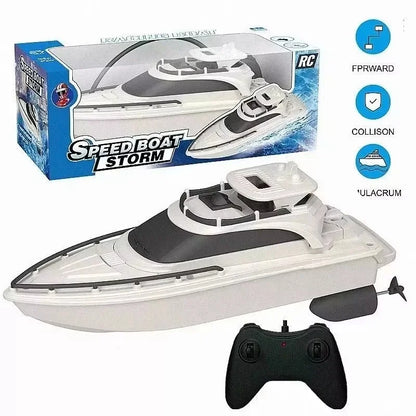 EVYVKV RC Boat, RC speedboat for ages 14+, CE certified, with 100m remote, lithium battery, ready-to-use, forward motion, collision resistance, and durable watercraft design.
