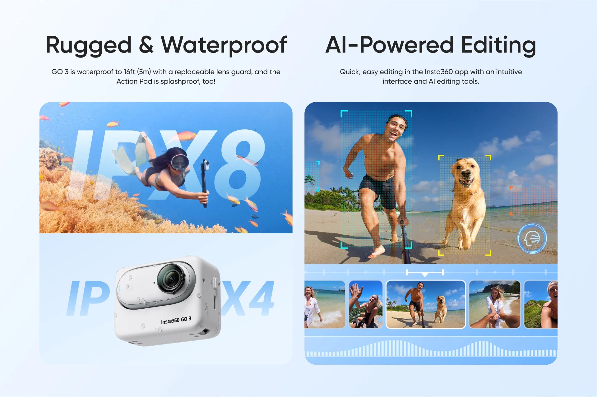 Insta360 GO 3 operation camera, Al-Powered Editing GO 3 is waterproof to I6ft (Sm)