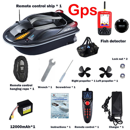HJ817 RC Fishing Boat, RC fishing boat with GPS, dual motors, 12000mAh battery, remote control, charger, propellers, tools, and accessories for convenient, long-lasting operation.