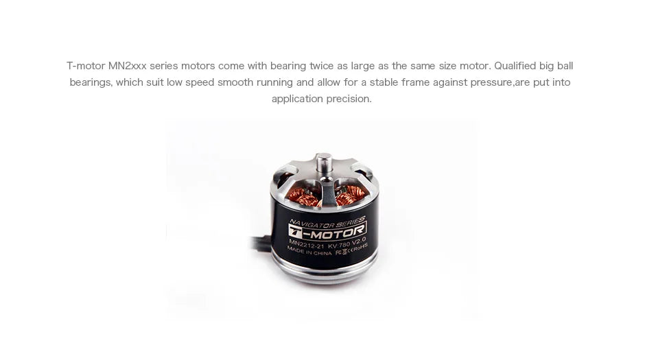 T-motor MN2212 KV780 KV920 Brushless Motor 2-4S 0.92KG Thrust for multi-rotor copter drones 10 T-motor, MNZxxx series motors come with bearing twice as large as the same size motor