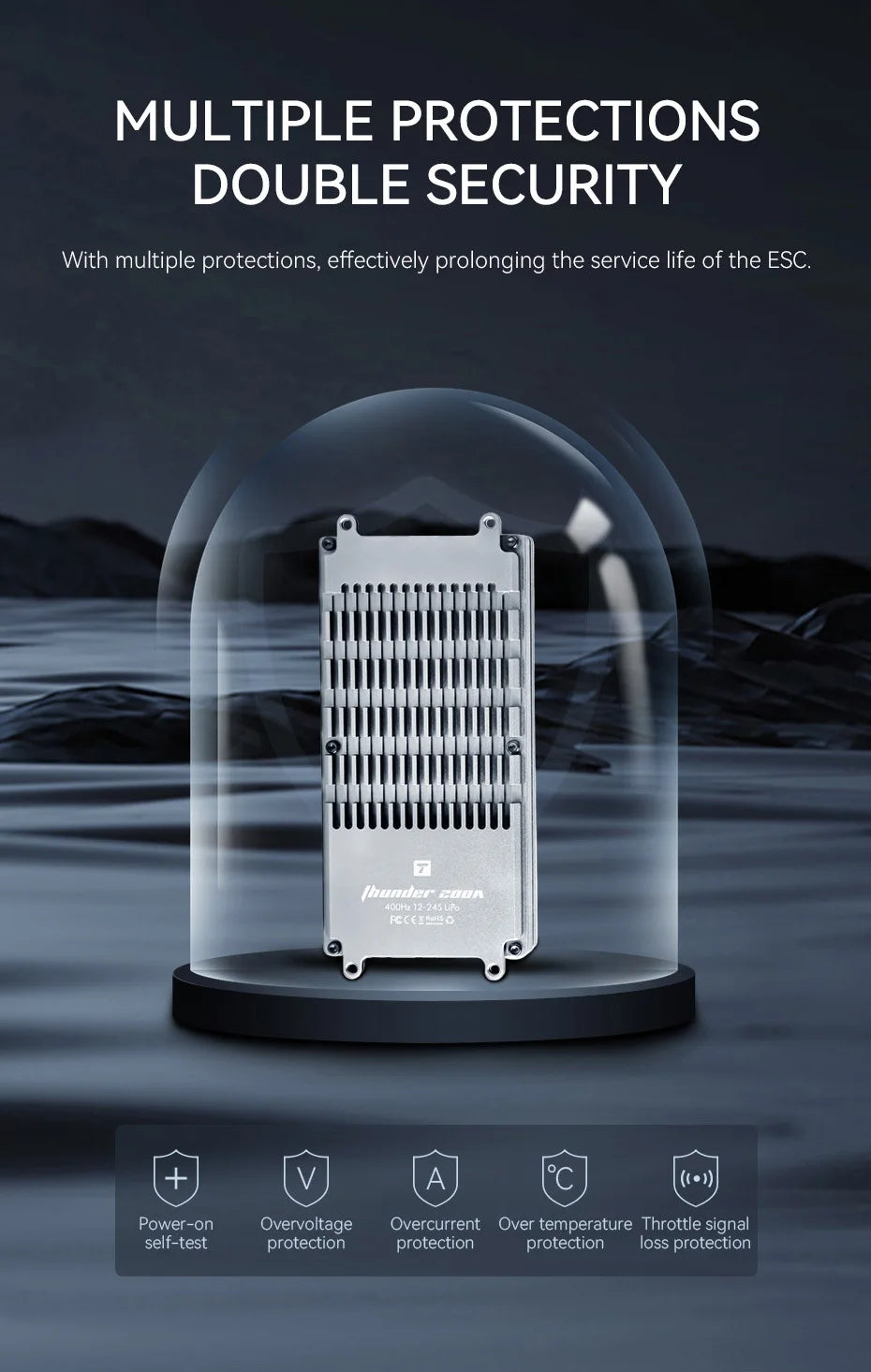T-MOTOR THUNDER 200A 24S ESC, multiple protections; effectively prolonging the service life of the ESC . power-on