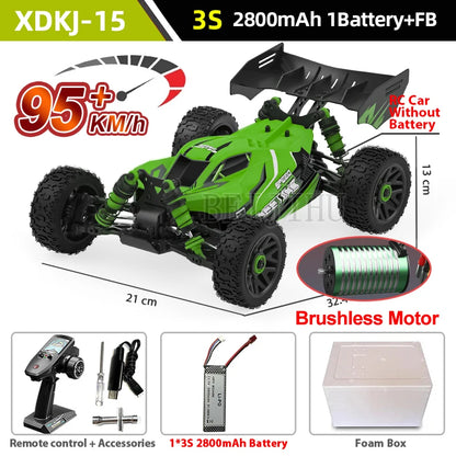 XDKJ-15 4WD buggy with brushless motor, 95+ km/h speed, 2.4GHz remote control, 2800mAh battery, includes foam box.