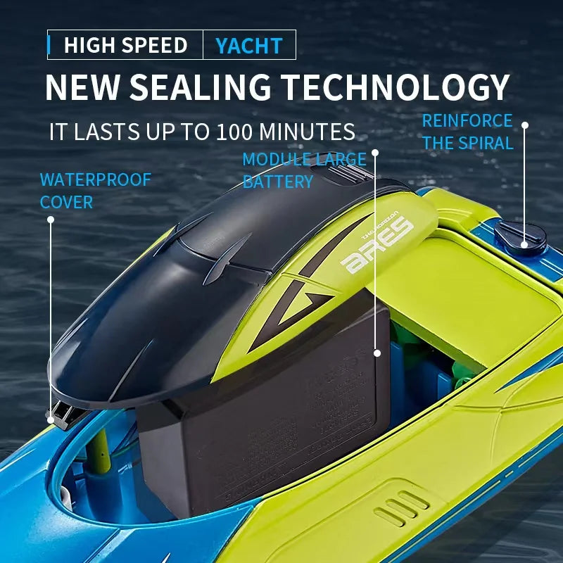 S4 RC Boat, High-speed yacht features waterproof sealing, large battery, reinforced spiral, and 100-minute runtime.