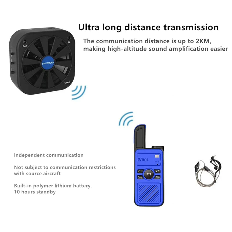 SKYDROID LS-01 Drone Speaker, Wireless transmission device for long-range communication with 2km range, 10-hour battery life.