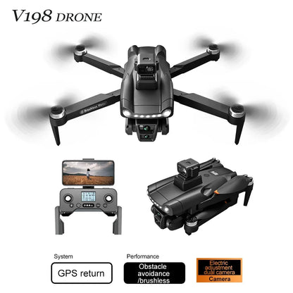 The V198 MAX PRO Drone has advanced features like system performance, obstacle adjustment, GPS return avoidance, and dual cameras with brushless capabilities.