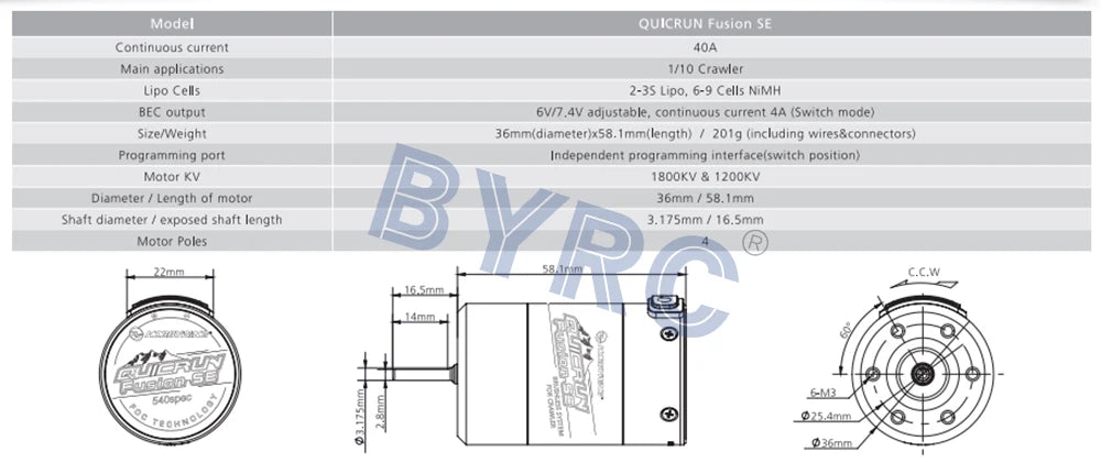 Model QUICRUN Fusion Se Continuous curtent 40A Main applications 1/10 Crawler