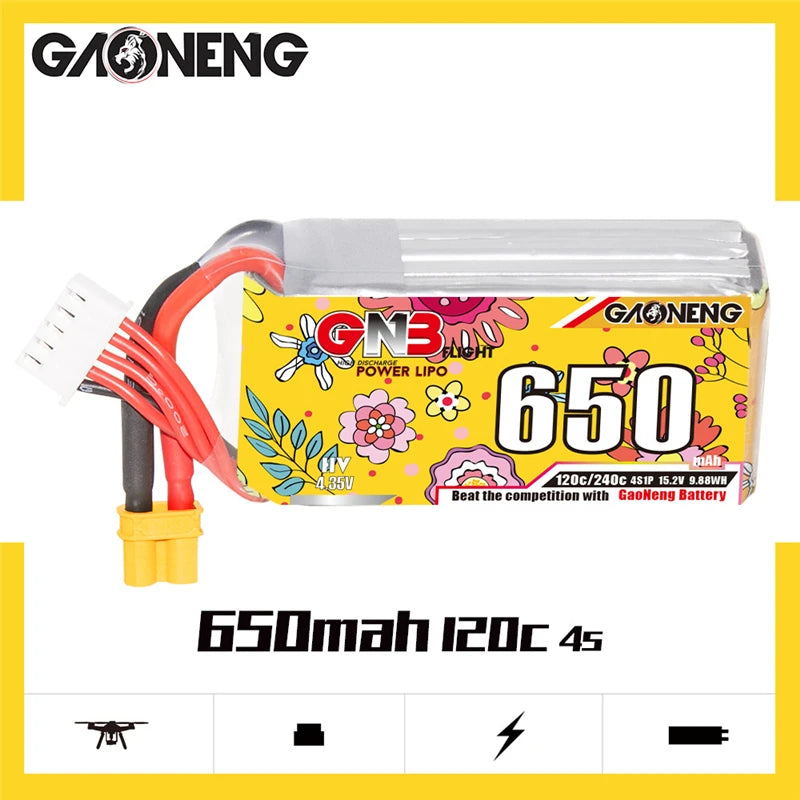 High-performance LiPo drone battery with 650mAh capacity and XT30 plug for reliable power and durability.