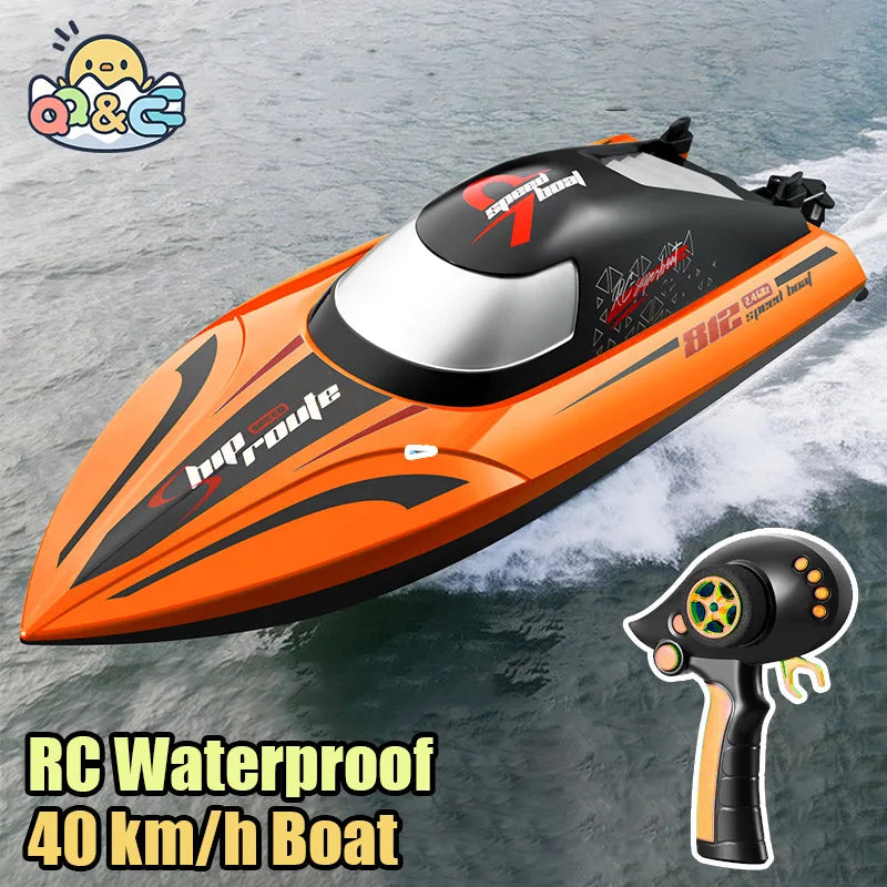 RC Boat, High-speed waterproof speedboat with self-righting feature, suitable for pools and lakes, with range up to 200m.