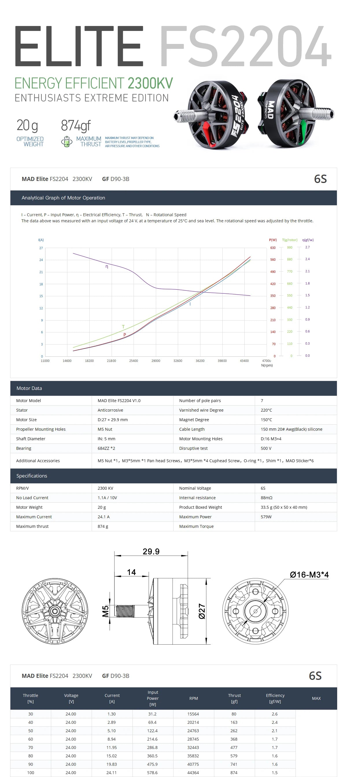 MAD ELITE FS 2204 Brushless Motor, Brushless motor for FPV drone, compatible with GF3630/GF D90-3B propeller.