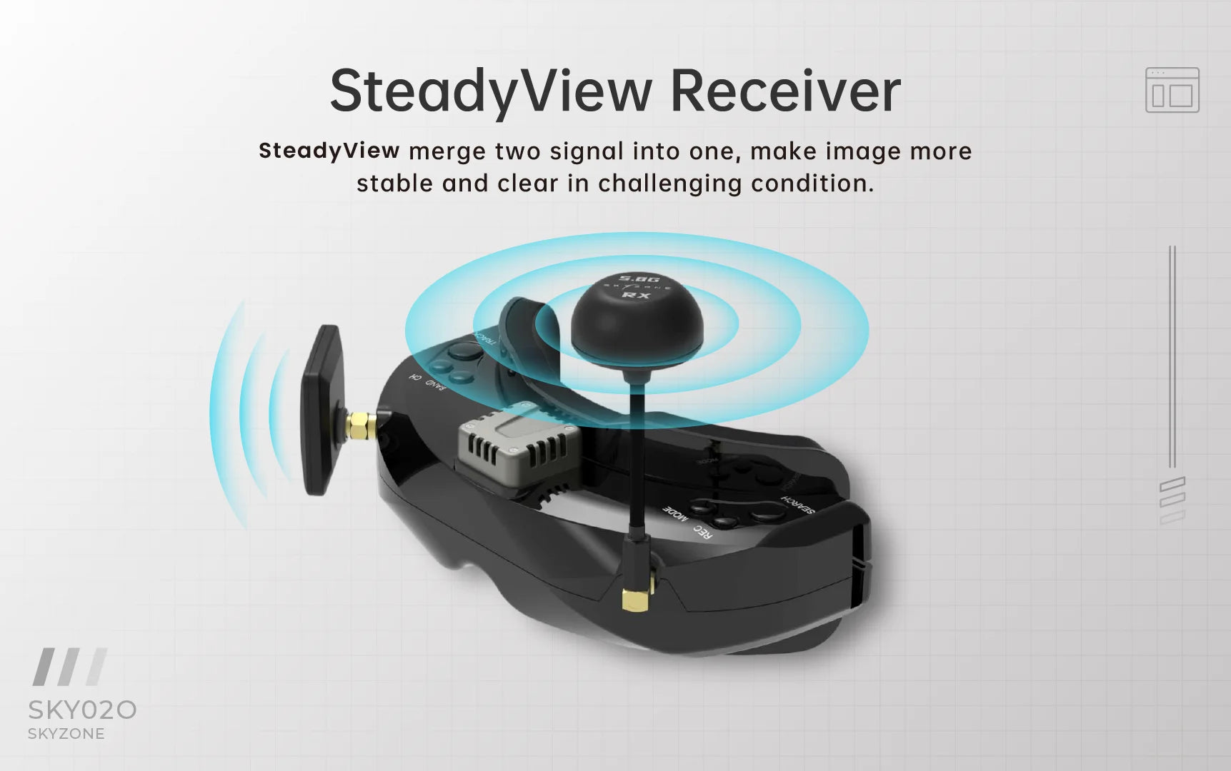 SKYZONE SKY02O FPV Goggle, SteadyView Receiver merge two signal into one, make image more stable and clear