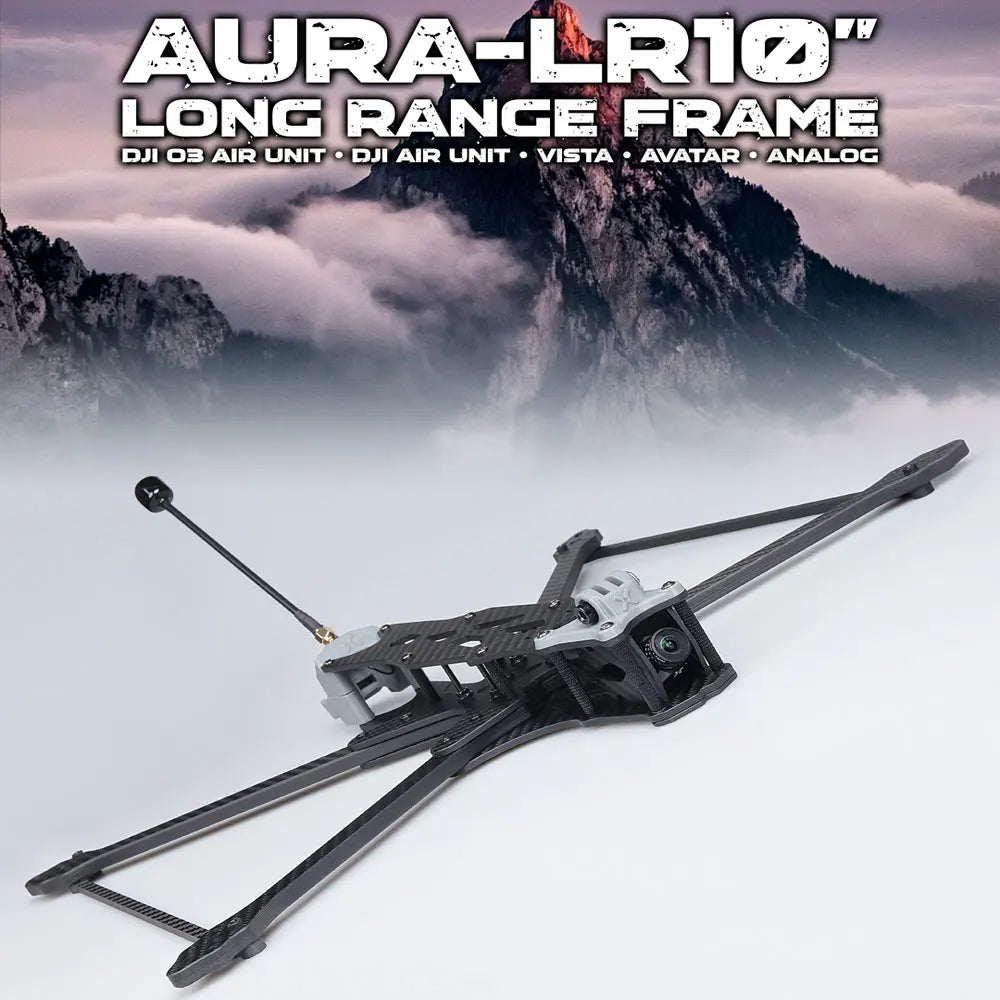 Foxeer Aura LR10 10inch FPV Frame, Foxeer Aura LR10 frame features 10-inch FPV, 440mm T700 carbon, and silky coating for use with Analog, O3, HDZero, or Vista LR10 drone.