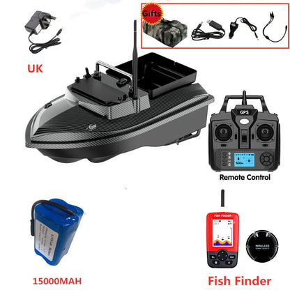 Tccicadas V060 GPS Fishing Bait Boat, Tccicadas V060 GPS bait boat features 500M range, 160 waypoints, 2kg hopper, auto-return, dual motors, CE certification, and includes remote, fish finder, battery, charger, and gifts.