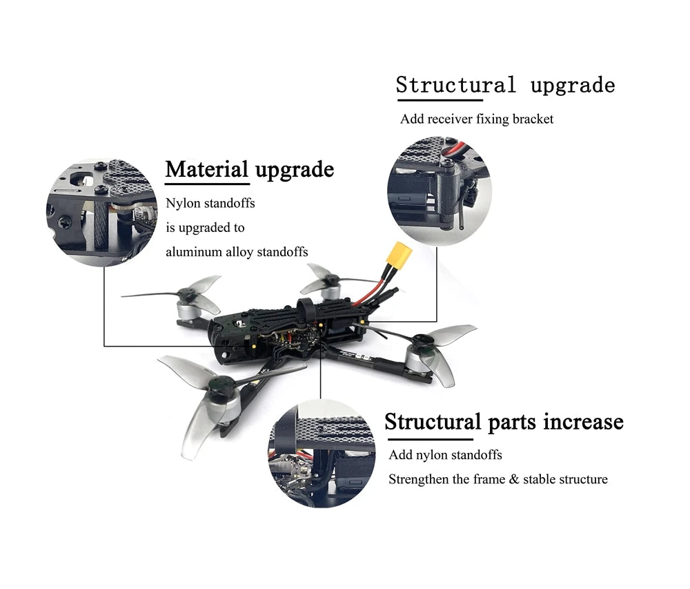 DarwinFPV Baby Ape/Pro/V2 FPV Drone, Structural upgrade Add receiver bracket Material upgrade Nylon standoffs upgraded to aluminum alloy