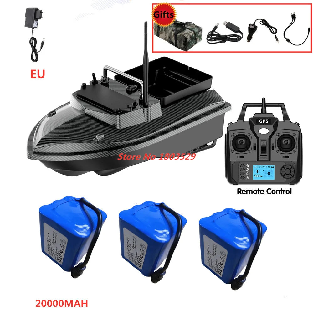 Tccicadas V060 GPS Fishing Bait Boat, GPS fishing bait boat with 500M range, 160 preset positions, 2kg hopper, auto return, dual motors, 20000mAh battery, EU plug, remote control, CE certified, gifts included.