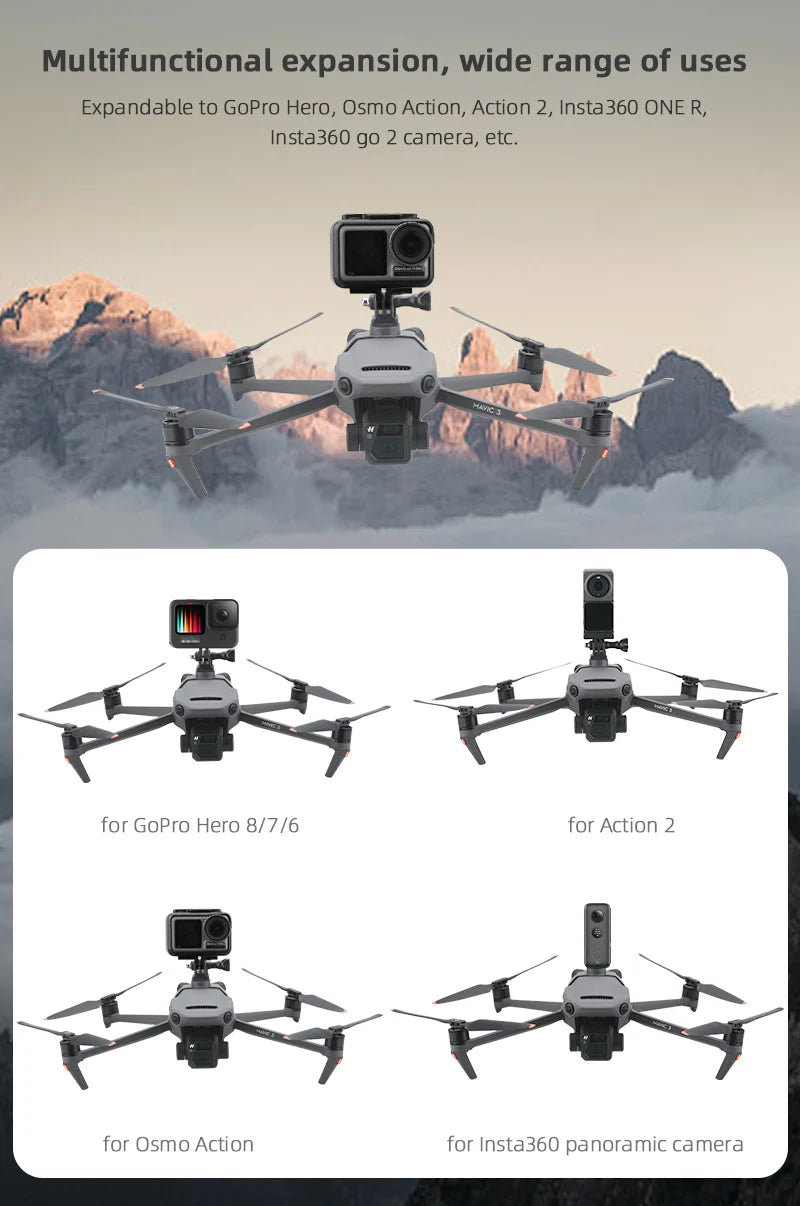 Photography Kit Mount Bracket for DJI Mavic 3/3 Classic Drone Top Extension Camera Flying Photography Kit Mount Bracket for Gopro 8/7/6 Insta360 Camera 10 multifunctional expansion, wide range of uses Expandable to GoPro Hero, Osmo