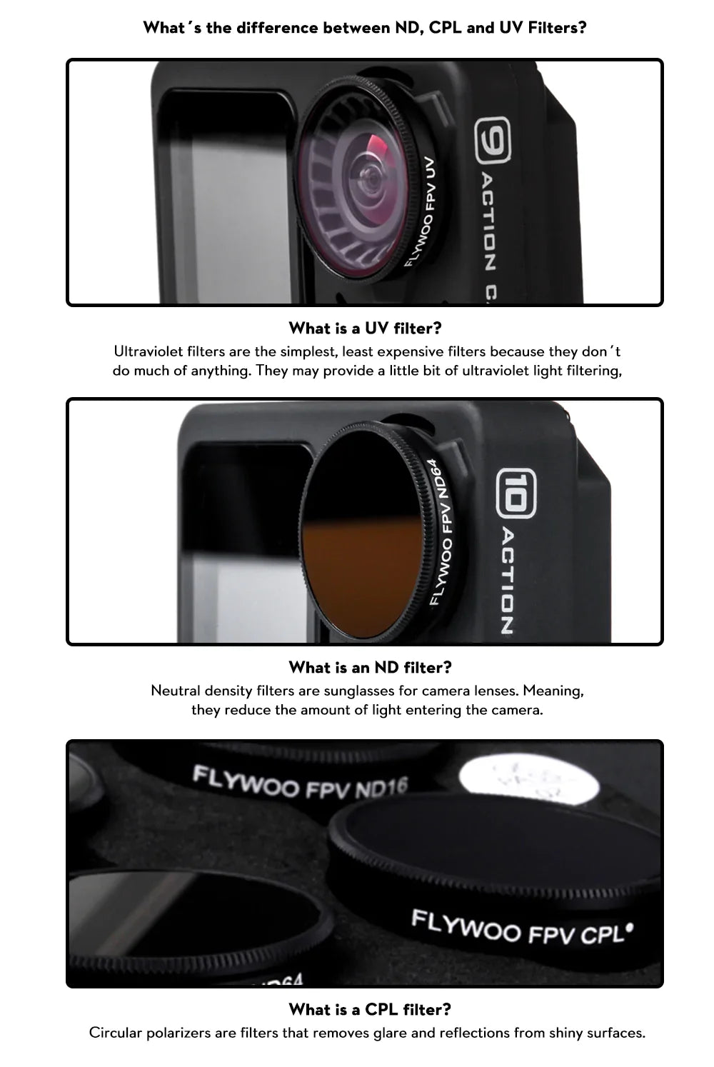 Flywoo Action Camre ND CPL Filter Set For GP9 GP10 GP11 SMO Naked Gopro 67 7 Flywoo Action Camre ND CPL Filter, Ultraviolet filters are the simplest; least expensive filters because they don't do