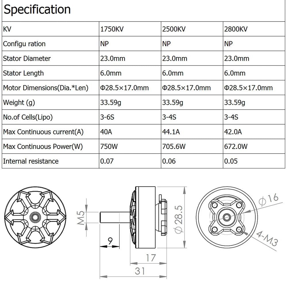 Samguk Shu 2306 Brushless Motor, 1750-2800KV, 23mm diameter, 3-6S cells, 44.1A max current, perfect for 5-inch FPV racing drones.