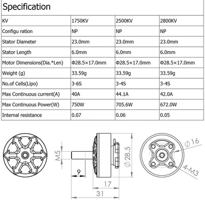Samguk Shu 2306 Brushless Motor, 1750-2800KV, 23mm diameter, 3-6S cells, 44.1A max current, perfect for 5-inch FPV racing drones.