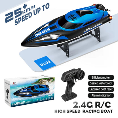HJ808 RC Boat, HJ808 2.4G RC high-speed racing boat, 25km/h, waterproof, efficient motor, self-resetting, alarm, 150m range, blue.