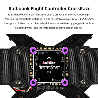 Radiolink CrossRace flight controller supports 12 PWM channels, fits four-in-one ESC, and features easy plug-in installation with no soldering.