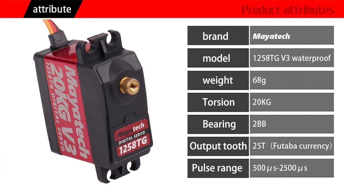Mayatech 1258TG V3 20KG Servo, Mayatech's 1258TG V3 servo has waterproof design, metal actuator, high torque and weighs 68g.