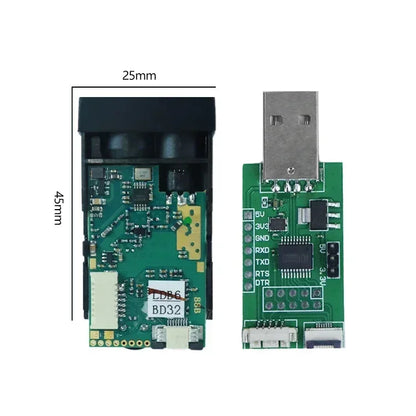 JRT MB2D42U USB/TTL Laser Distance Sensor Module, 20Hz, 0.03–40m, ±2mm, 3.3V, Class 2, 45×25×12mm, 9g