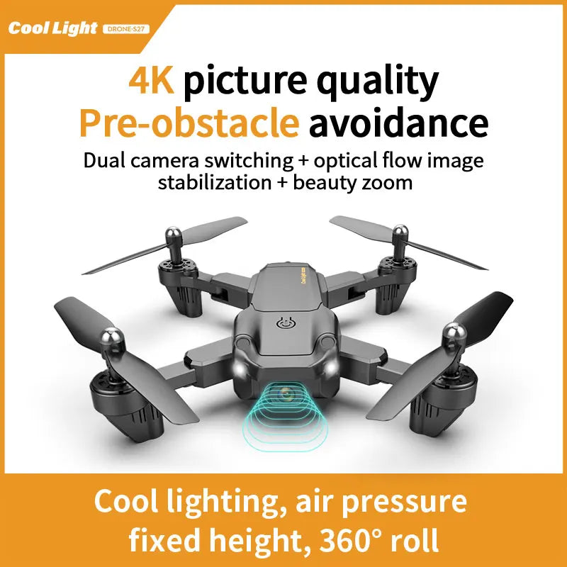 S27 Drone - RC Quadcopter Helicopter with 4K HD Camera Optical flow WIFI FPV Racing Dron Wide Angle Foldable Toy RTF 25 S27 Drone, cool light drone s27 4k picture quality pre-obsta