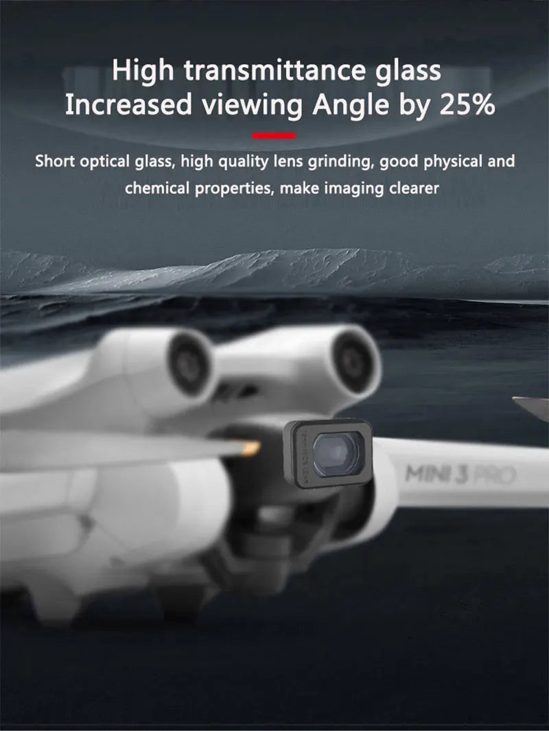 Wide-Angle lens Filter for DJI Mini 3 Pro, High transmittance glass Increased viewing angle by 25% Short optical glass, high quality lens grinding