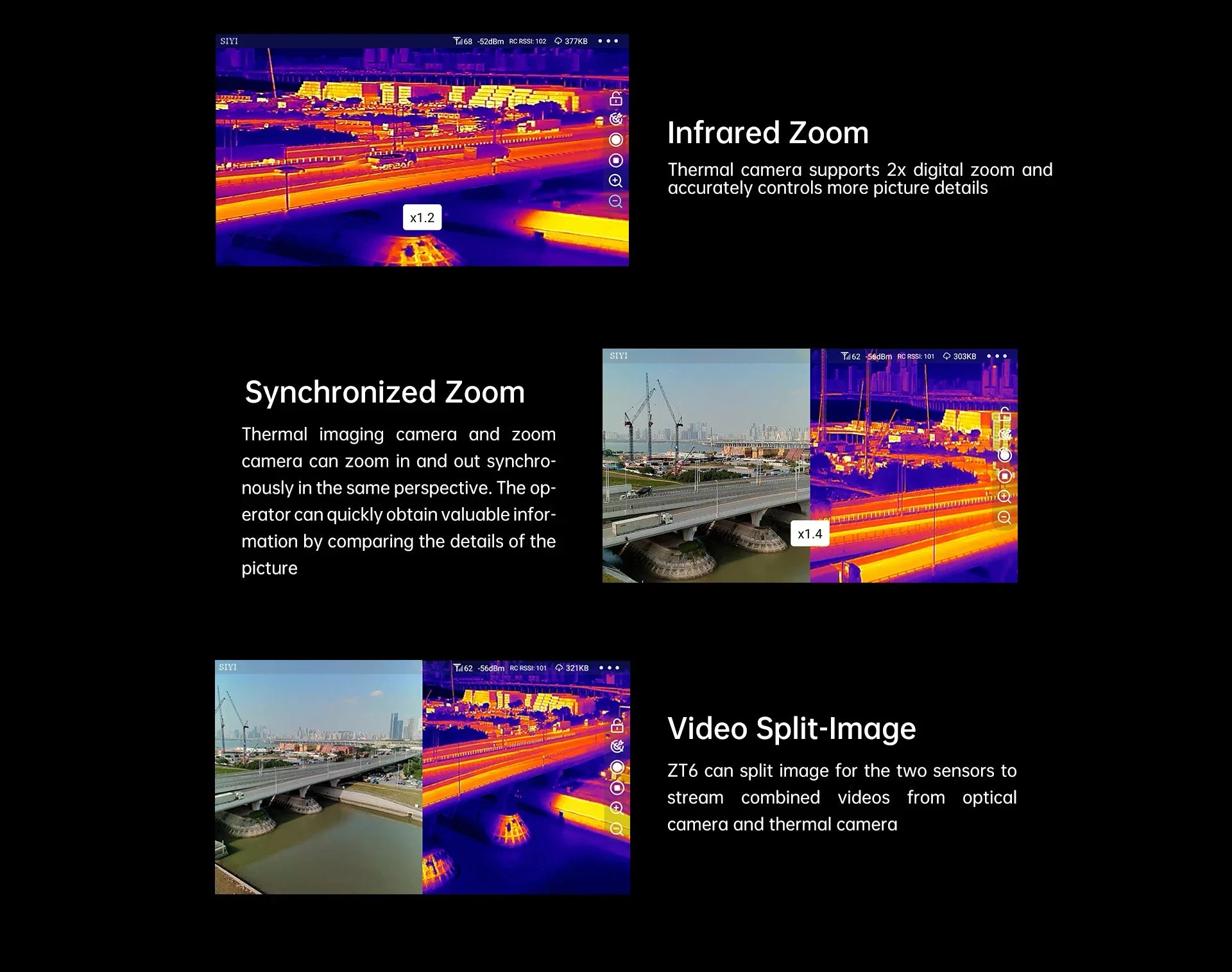 SIYI ZT6 Mini Dual Sensor Optical Pod, Drone surveillance pod featuring 4K ultra HD camera and thermal imaging camera with zoom capabilities.