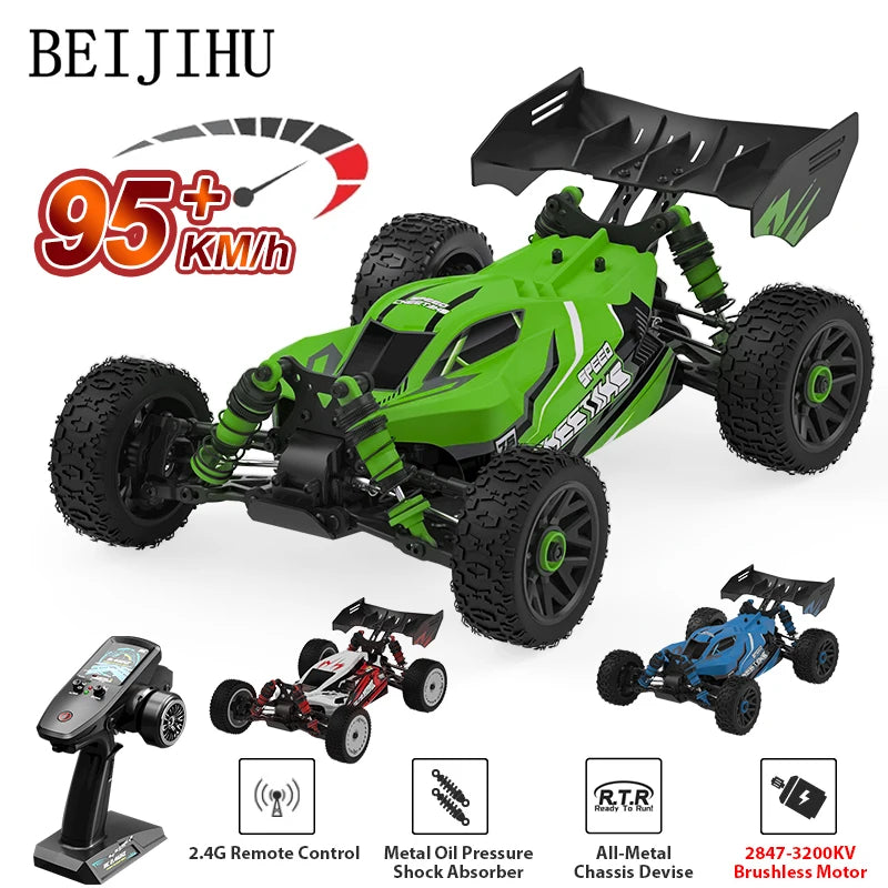 High-speed 4WD RC buggy with 95+ km/h speed, 2.4G remote, metal chassis, and brushless motor.