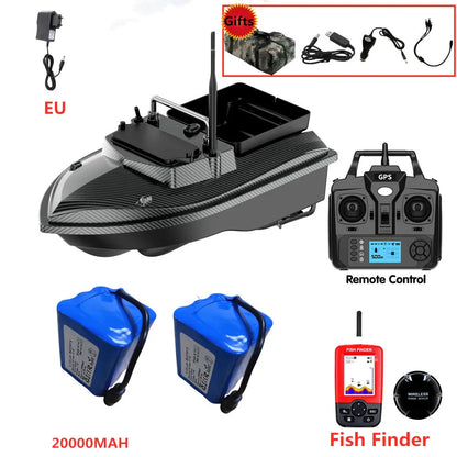 Tccicadas V060 GPS Fishing Bait Boat, GPS fishing bait boat with 500M range, dual motors, auto return, 2kg hopper, 20000mAh battery, fish finder, remote, and accessories.