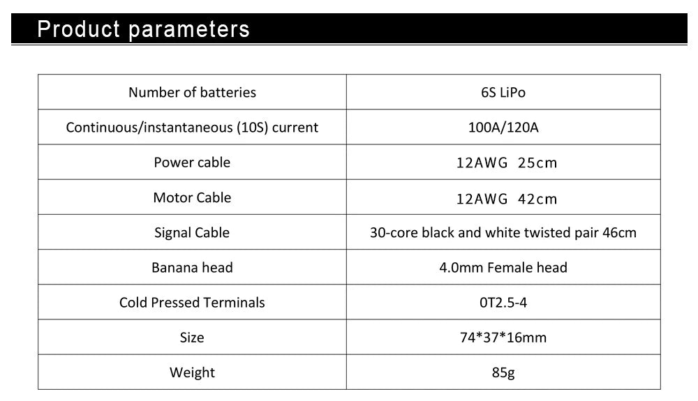 MFE 6S 100A ESC, High-performance ESC for avionics with 6S LiPo support and high current handling.