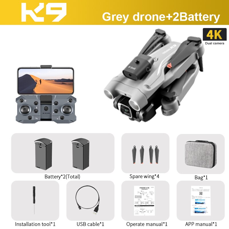 K9 RC Drone, KD Grey drone+2Battery 4K Dual camera Battery