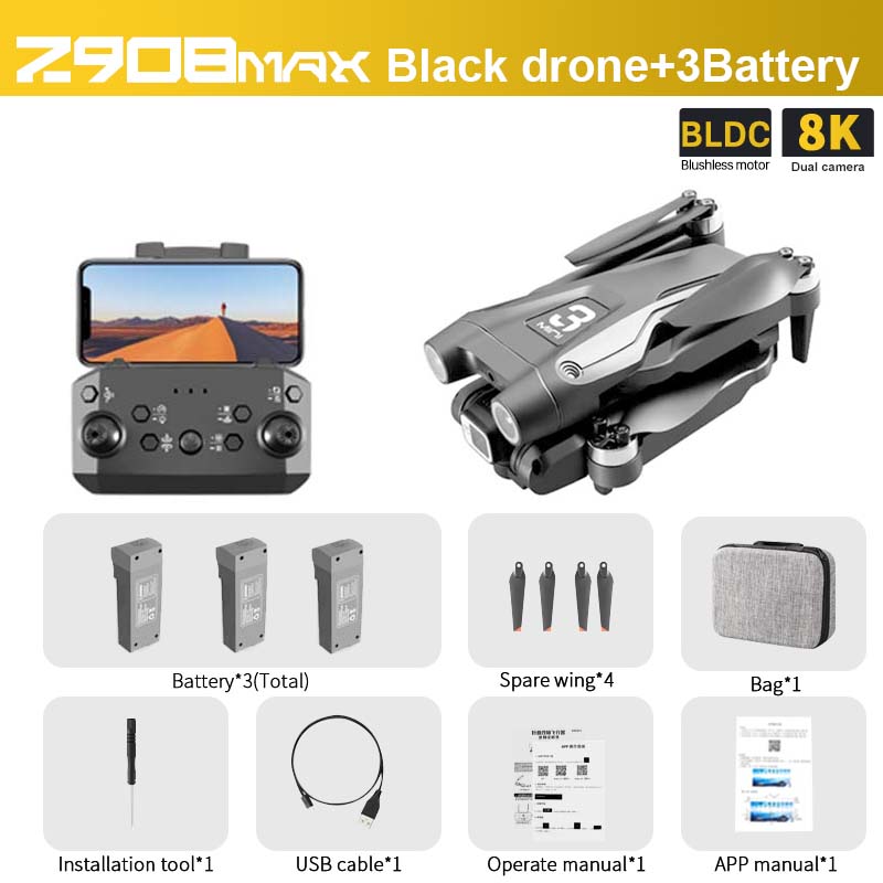 Z908 MAX Drone, ZFOEnAX Black drone+3Battery IBL