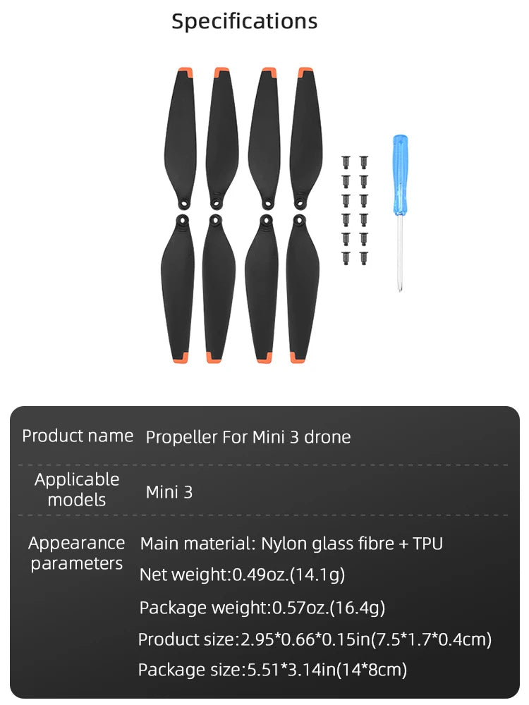 TPU Propeller Props Blade for DJI Mini 3, Specifications Product name Propeller For Mini 3 drone Applicable Mini 3 models Appearance