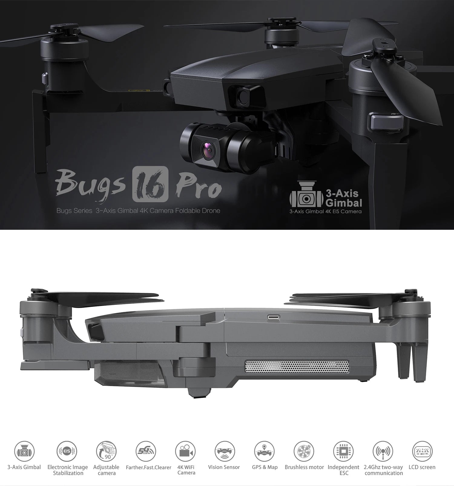 MJX Bug 16 Pro Drone, Bugs00 Pro 3-Axis Gimbal Bugs Bugs Series 3Ax