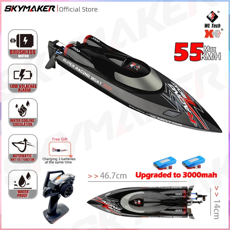 WLtoys WL916 RC Boat, WLtoys WL916 RC boat: 55km/h, brushless motor, 2.4GHz, 150m range, capsize recovery, low battery alarm, waterproof, anti-tilt, water cooling, 3000mAh battery, 46.7cm.