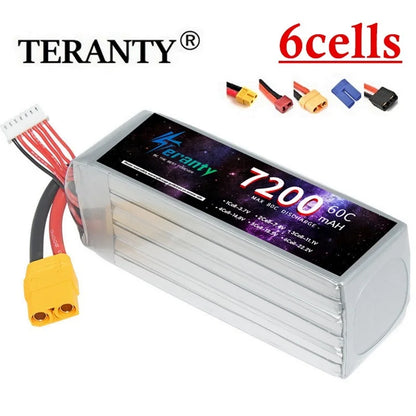 TERANTY 6S 22.2V 7200mAh 60C Lipo Battery, A lithium-ion battery designed for remote-controlled flying vehicles, offering 7200mAh capacity and 60C discharge rate.